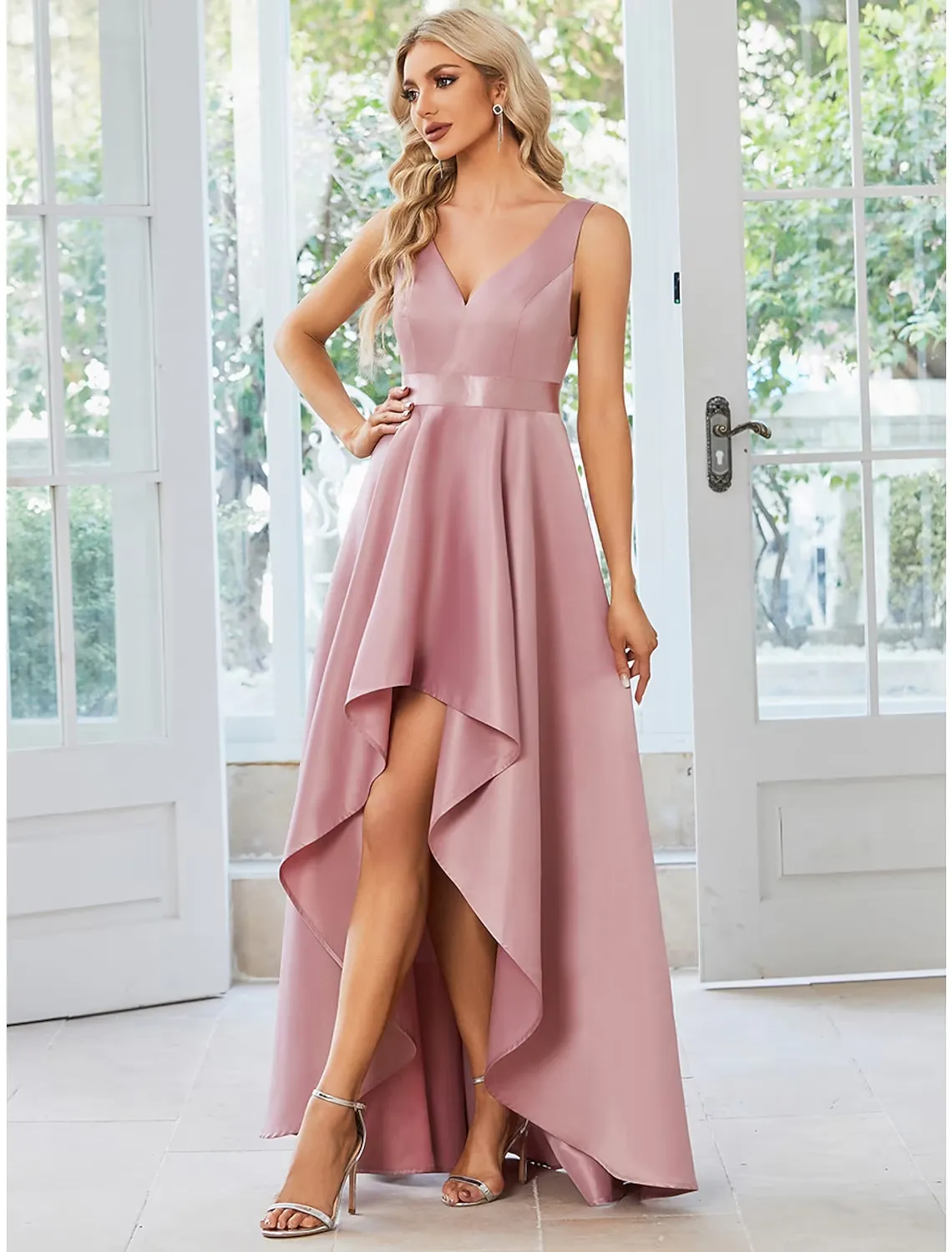 A-Line Wedding Guest Dresses Casual Dress Party Wear Asymmetrical Sleeveless V Neck Satin with Ruffles