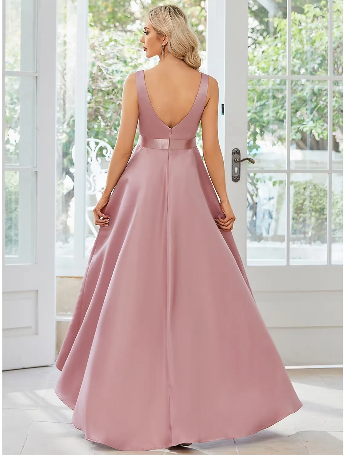 A-Line Wedding Guest Dresses Casual Dress Party Wear Asymmetrical Sleeveless V Neck Satin with Ruffles