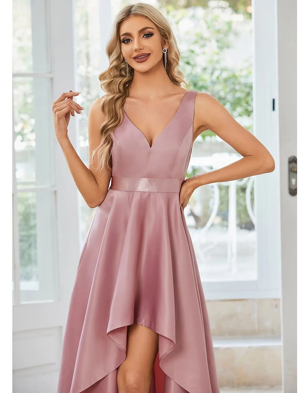 A-Line Wedding Guest Dresses Casual Dress Party Wear Asymmetrical Sleeveless V Neck Satin with Ruffles