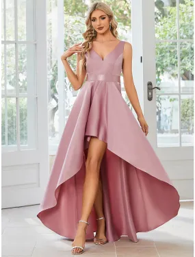 A-Line Wedding Guest Dresses Casual Dress Party Wear Asymmetrical Sleeveless V Neck Satin with Ruffles