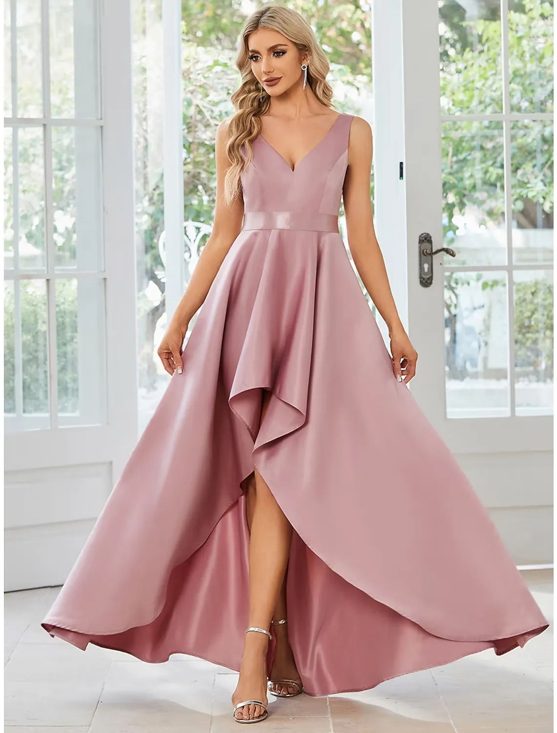 A-Line Wedding Guest Dresses Casual Dress Party Wear Asymmetrical Sleeveless V Neck Satin with Ruffles