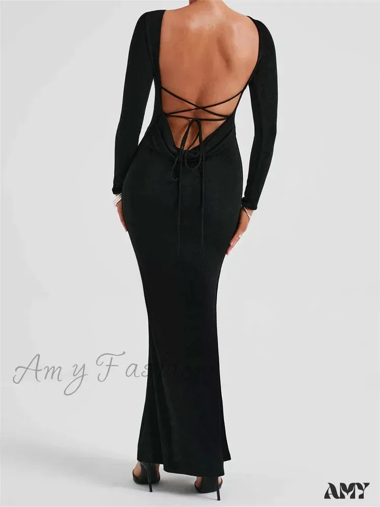 Amy Fashion - Elegant Women Party  Backless Criss-cross Tie-up Bodycon Formal Club  Sleeve Solid Female Vestido