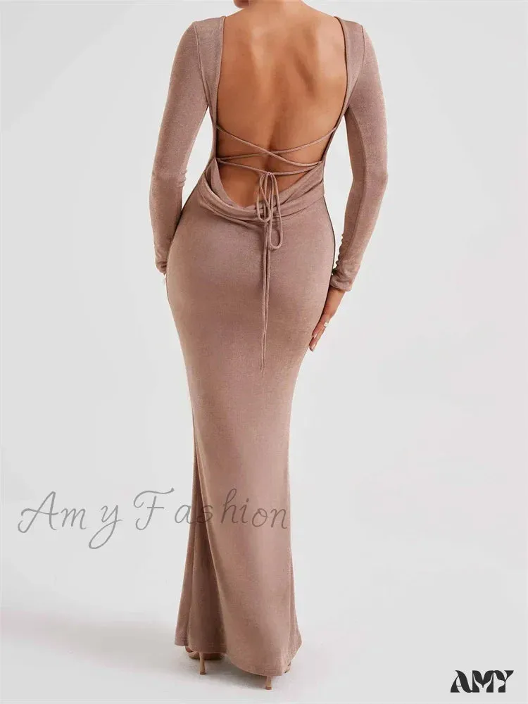 Amy Fashion - Elegant Women Party  Backless Criss-cross Tie-up Bodycon Formal Club  Sleeve Solid Female Vestido