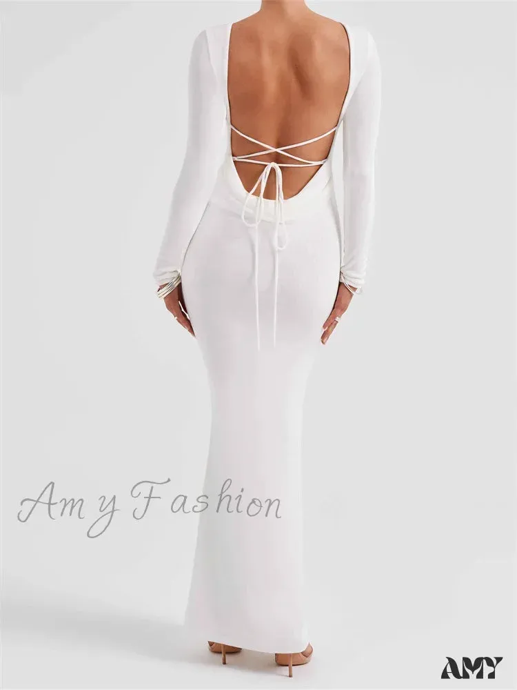 Amy Fashion - Elegant Women Party  Backless Criss-cross Tie-up Bodycon Formal Club  Sleeve Solid Female Vestido