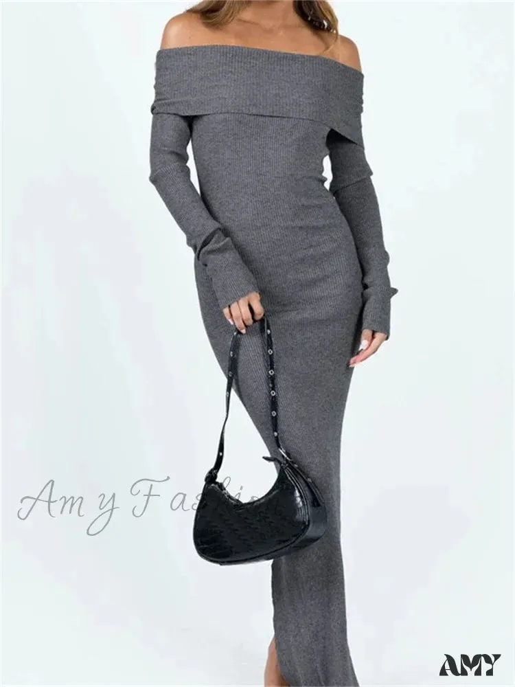 Amy Fashion - Women Slash Neck Off Shoulder  Solid Back Split Hem Casual  Sleeve Party Club Vestidos Streetwear