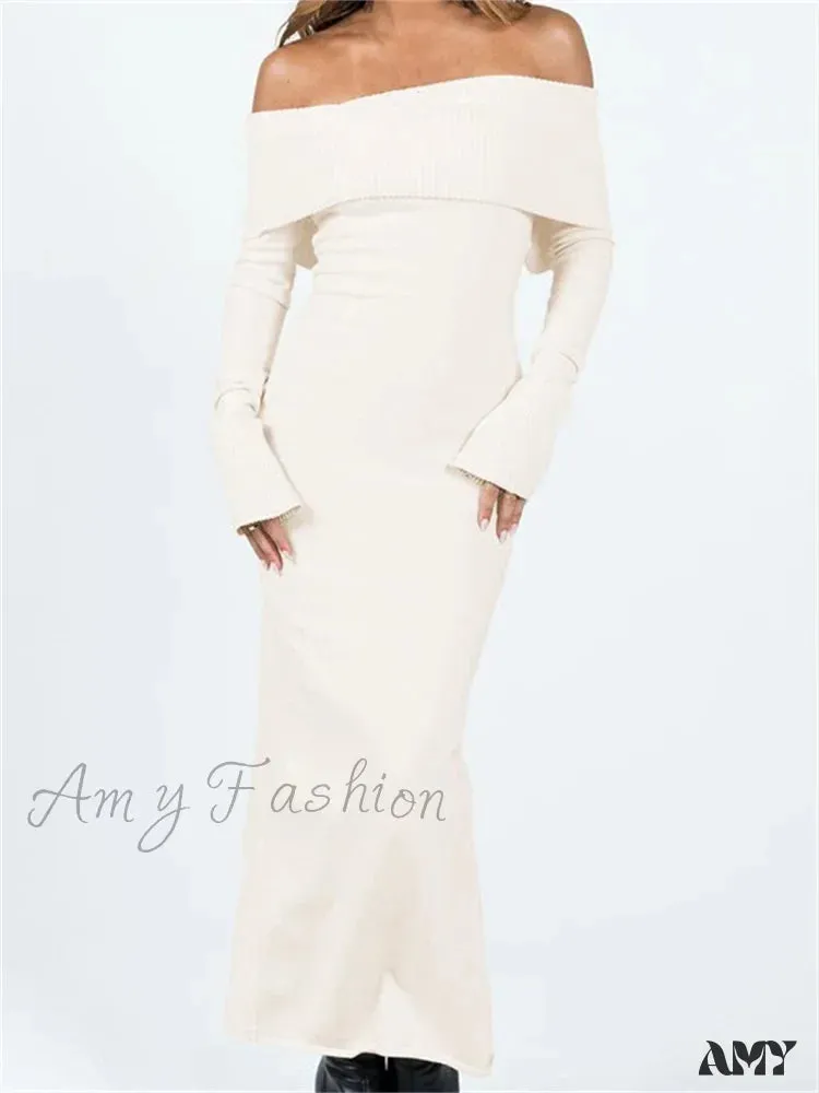 Amy Fashion - Women Slash Neck Off Shoulder  Solid Back Split Hem Casual  Sleeve Party Club Vestidos Streetwear