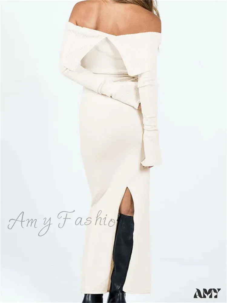 Amy Fashion - Women Slash Neck Off Shoulder  Solid Back Split Hem Casual  Sleeve Party Club Vestidos Streetwear