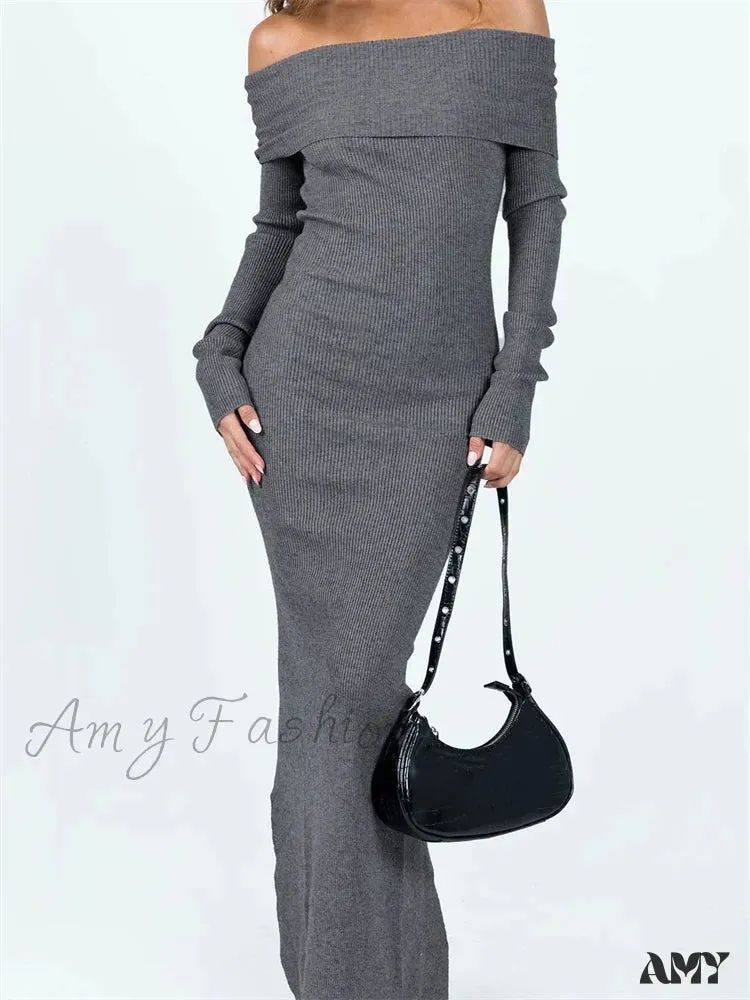 Amy Fashion - Women Slash Neck Off Shoulder  Solid Back Split Hem Casual  Sleeve Party Club Vestidos Streetwear