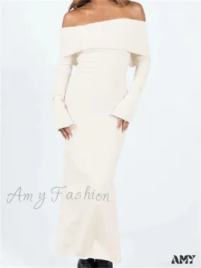 Amy Fashion - Women Slash Neck Off Shoulder  Solid Back Split Hem Casual  Sleeve Party Club Vestidos Streetwear