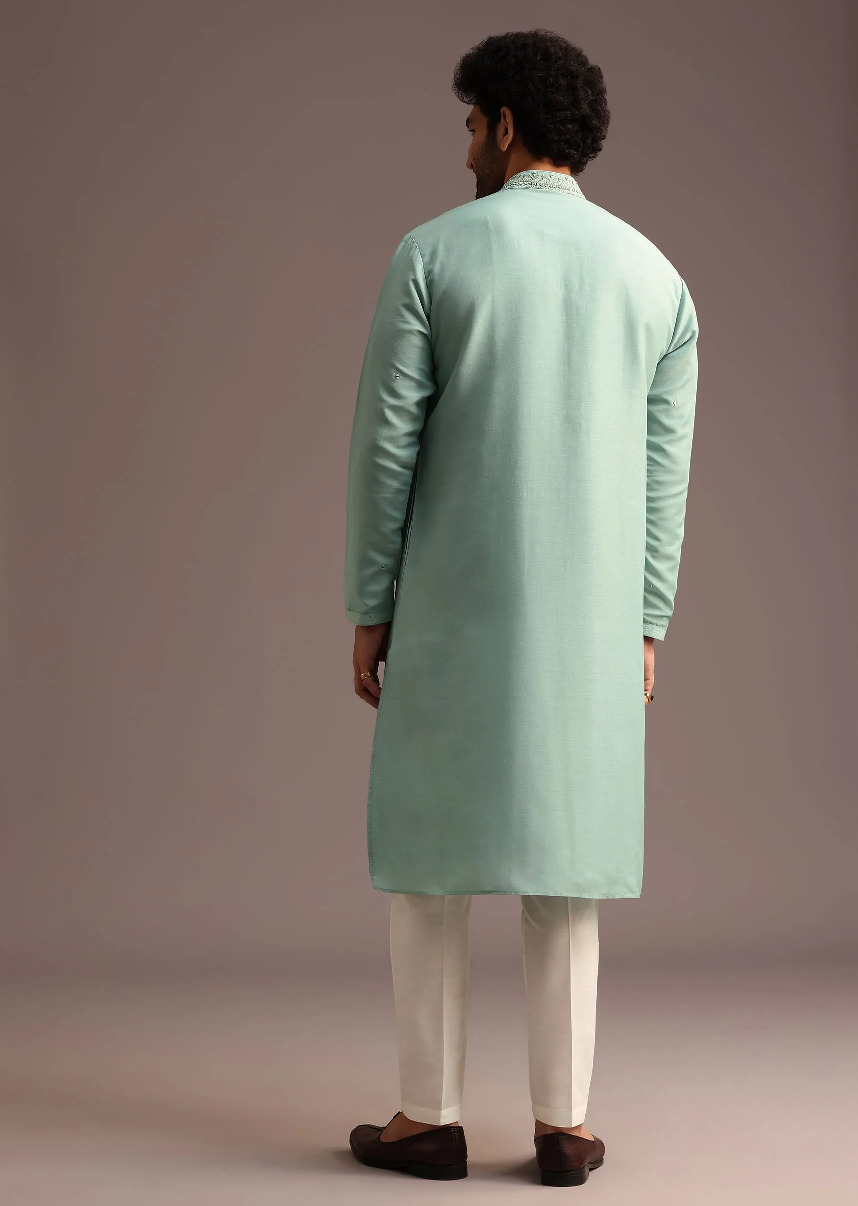 Blue Silk Hand Work Embroidered Yoke Kurta And Pant
