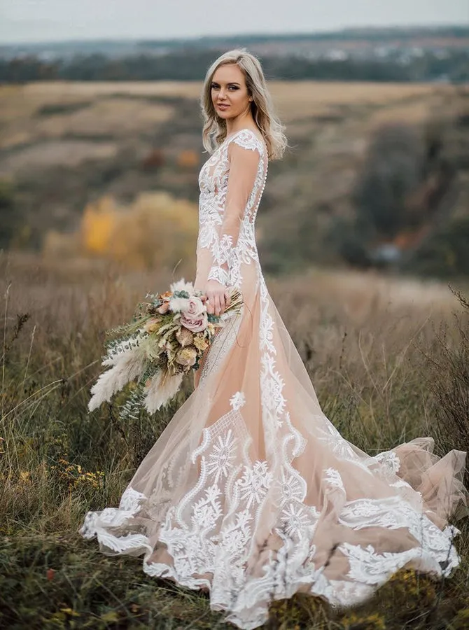 Boho Wedding Dress,Long Sleeves Wedding Dresses,Outdoor Wedding Dress,Casual Bridal Dress,WD00073