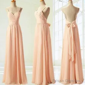 Cheap Junior Pleating Chiffon Spaghetti Strap Sweetheart Backless Floor-Length Maxi  Bridesmaid Dresses,