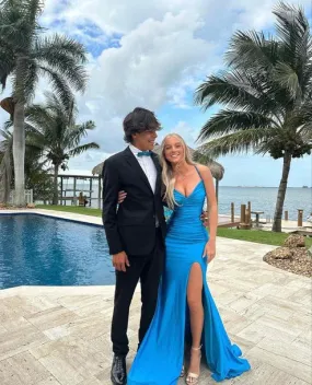 Elegant Dresses Gowns Evening Dresses Blue V Neck mermaid long Prom Dress With Split Formal Women's Dresses
