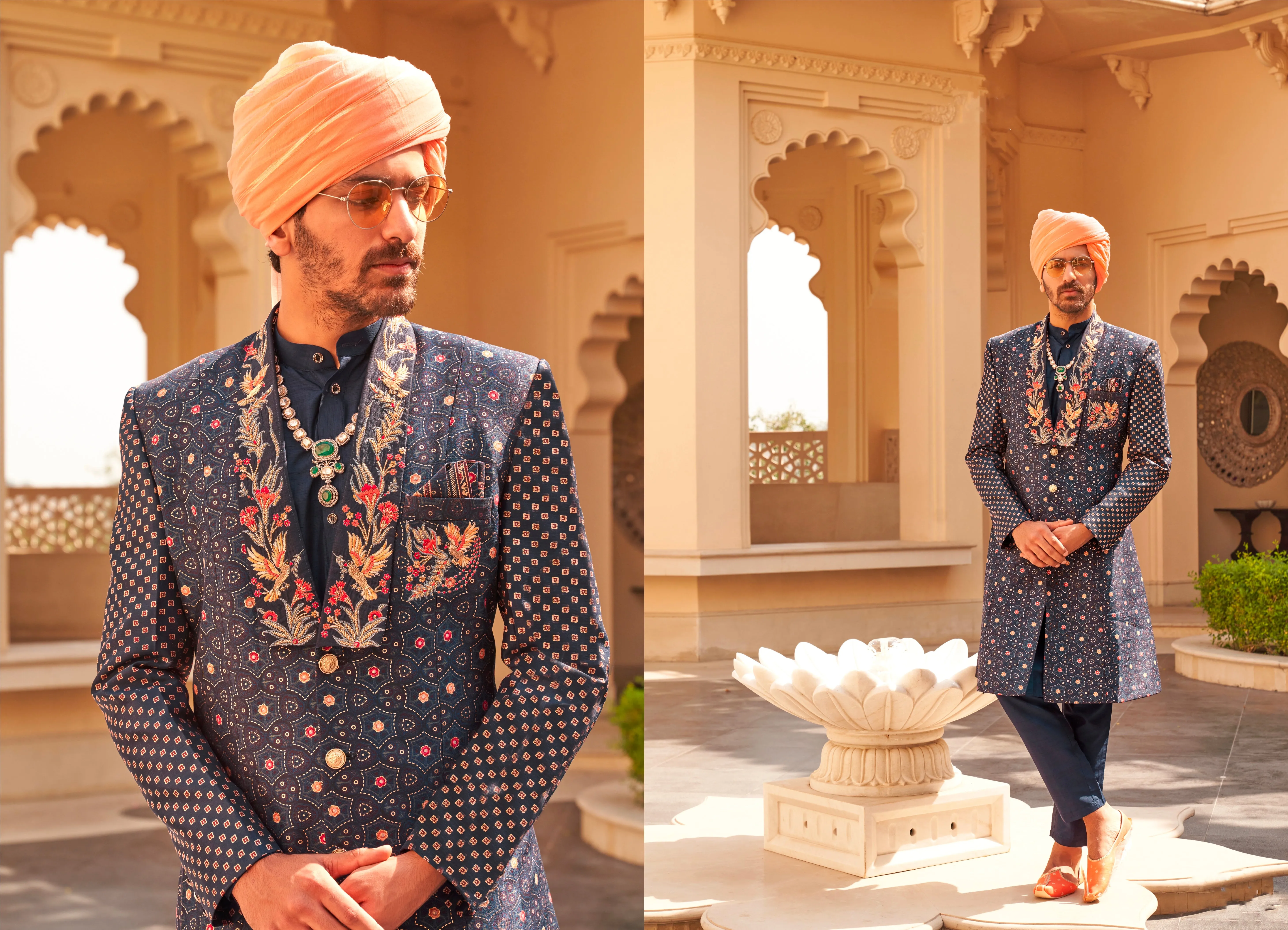 Exquisite Designer Sherwani Suit: P.V Silk with Foil Print