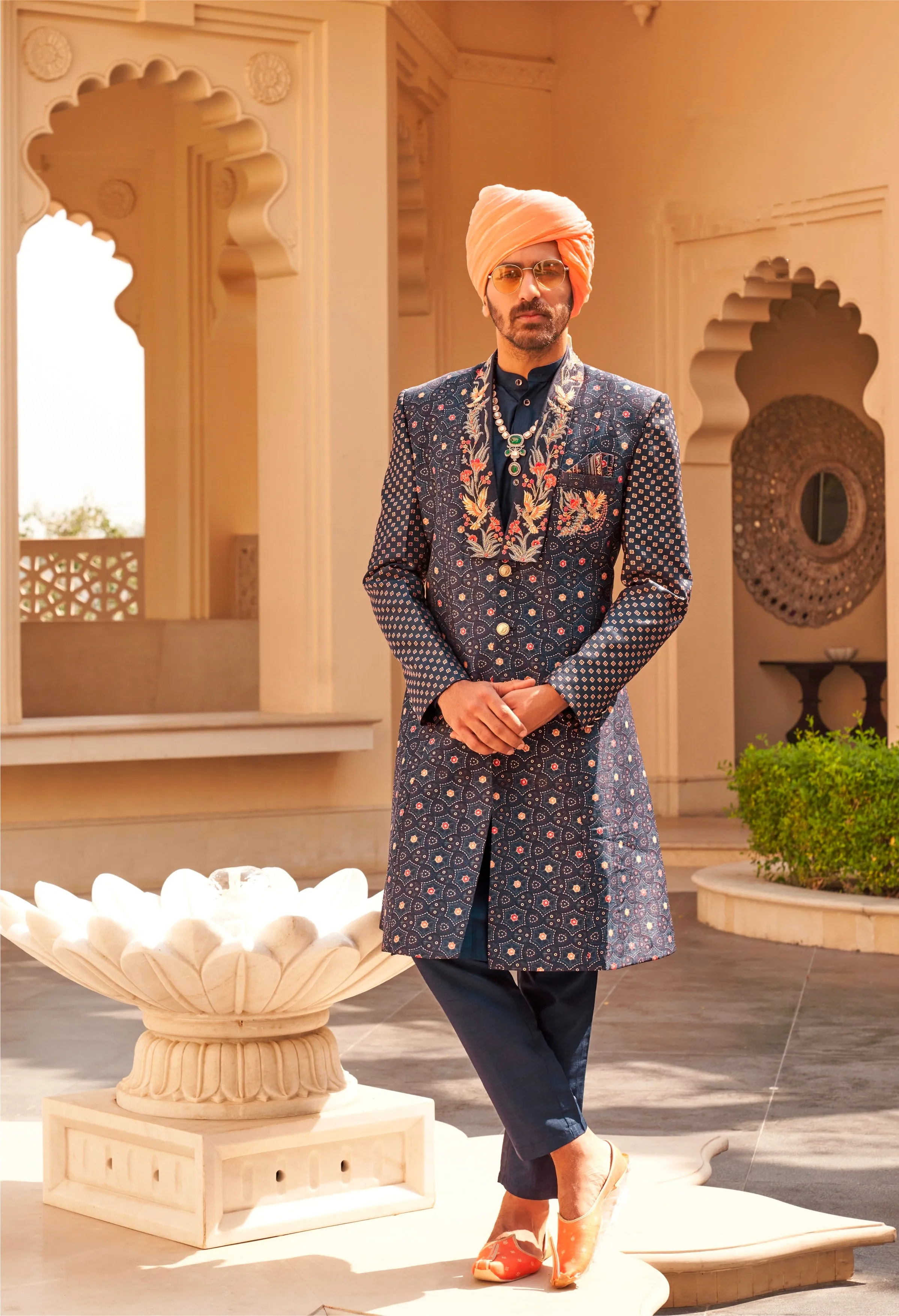 Exquisite Designer Sherwani Suit: P.V Silk with Foil Print