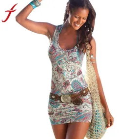 Floral Print Womens Dress Women Sleeveless Printing Dress Women's Fashion Beach Short Mini Dresses