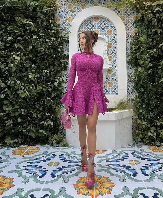 Formal Wear Dresses Fuchsia Long Sleeves High Neck Lace Short Party Dress Homecoming Dress Prom Dresses Shops Formal Women's Dresses