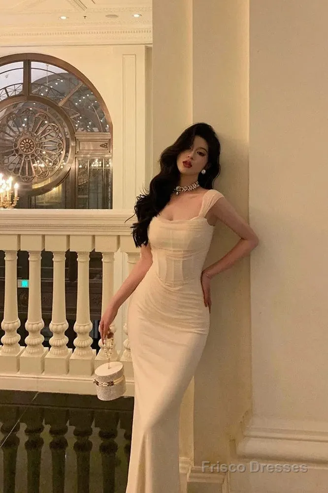French Sheath Straps Ivory Long Tulle Prom Dresses Birthday Outfits
