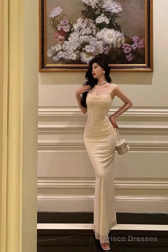 French Sheath Straps Ivory Long Tulle Prom Dresses Birthday Outfits