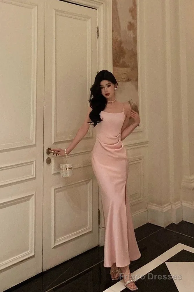 Gorgeous Sheath Spaghetti Straps Long Pink Slit Satin Date Night Dress Prom Dresses Birthday Outfit