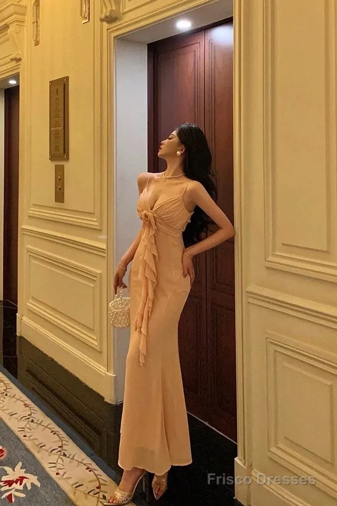 Gorgeous Sheath Spaghetti Straps Pink Chiffon Date Night Dress Long Prom Dresses Birthday Outfits