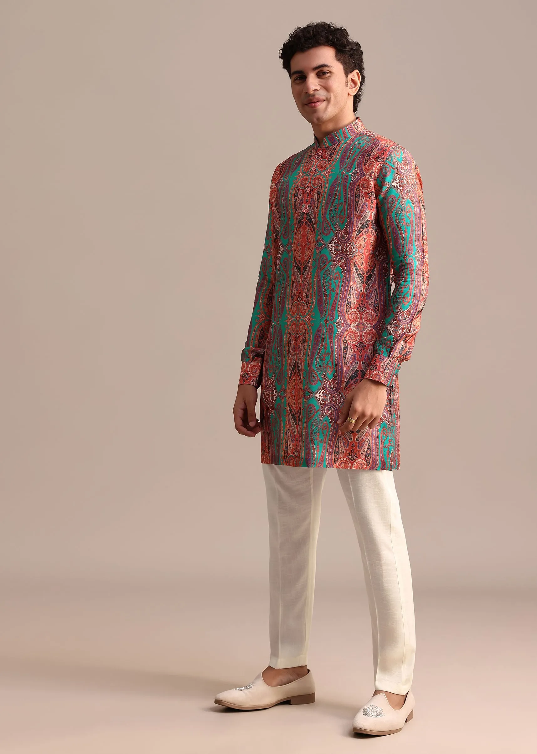 Green Printed Kurta For Men