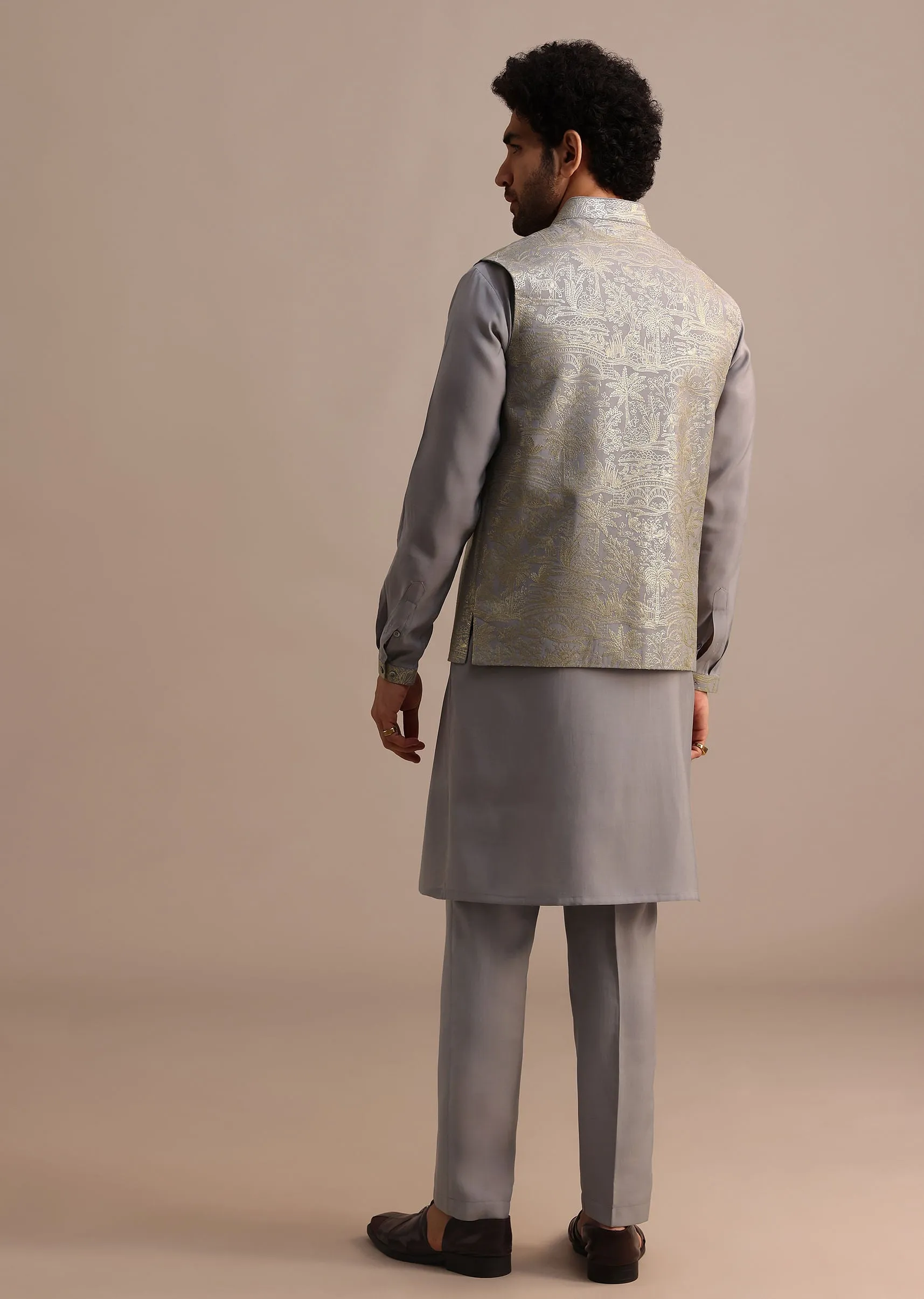 Grey Embroidered Silk Kurta Jacket Set For Men