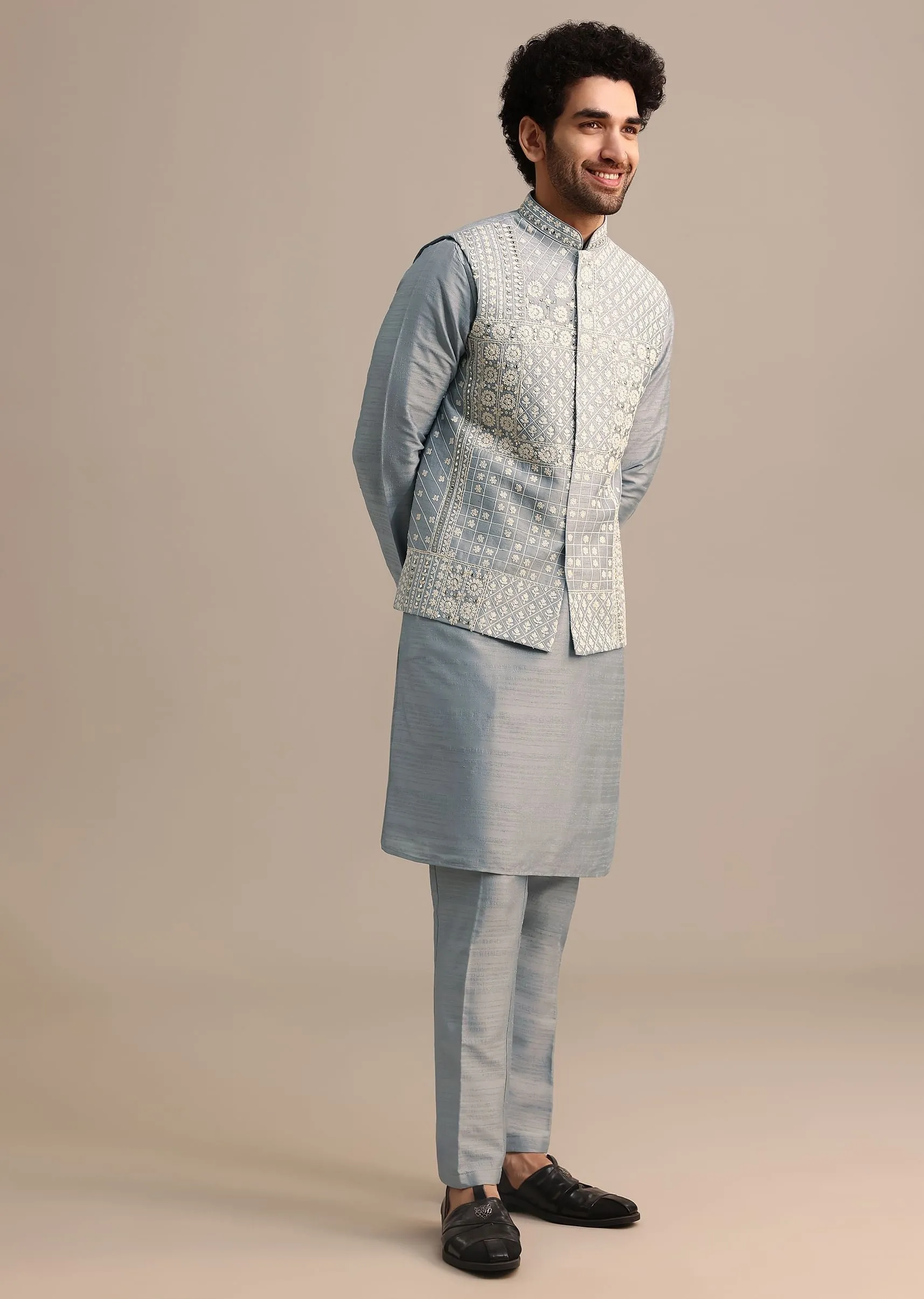 Grey Kurta Jacket Set With Thread And Mirror Work For Men