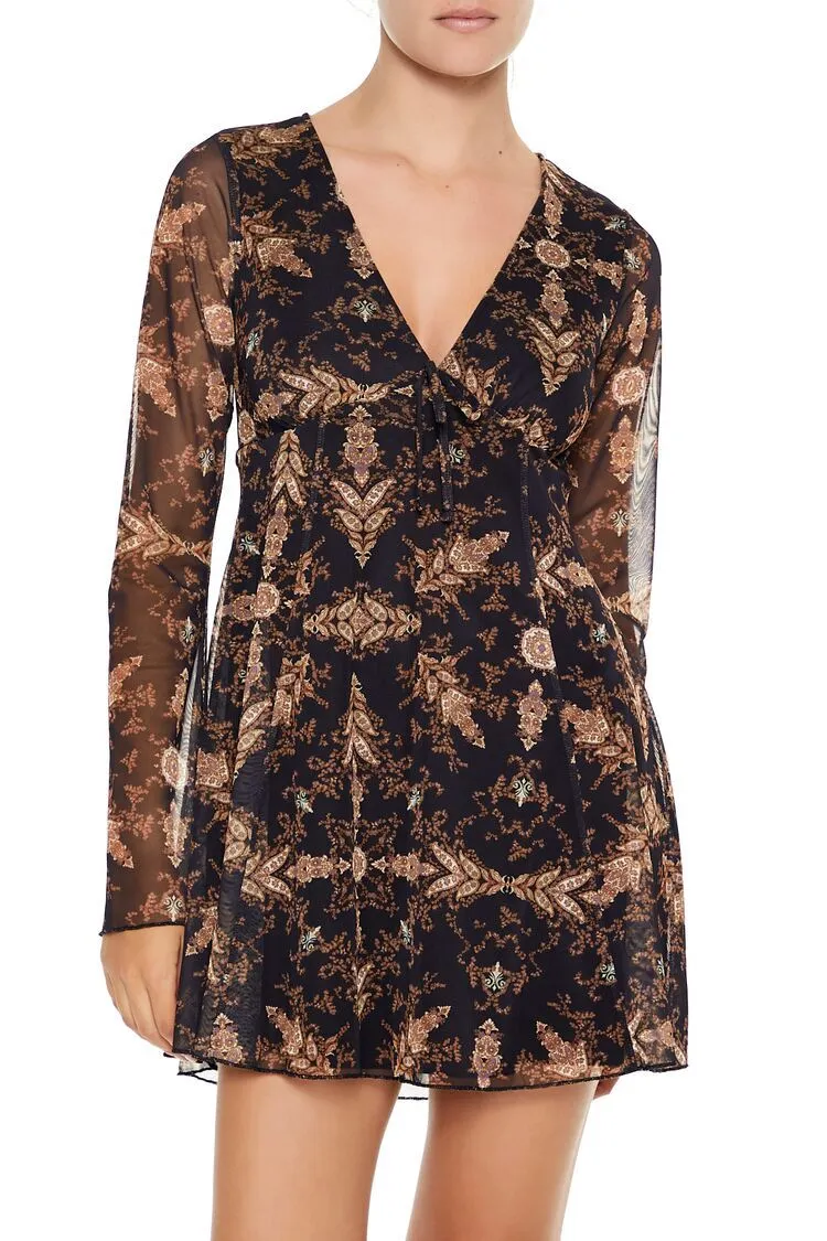 Plunging Ornate Print Mini Dress