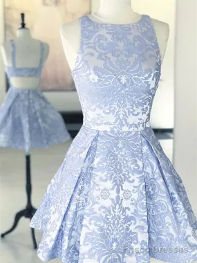 Short Open Back Blue Lace Prom Dresses, Short Blue Lace Formal Graduation Homecoming Dresses