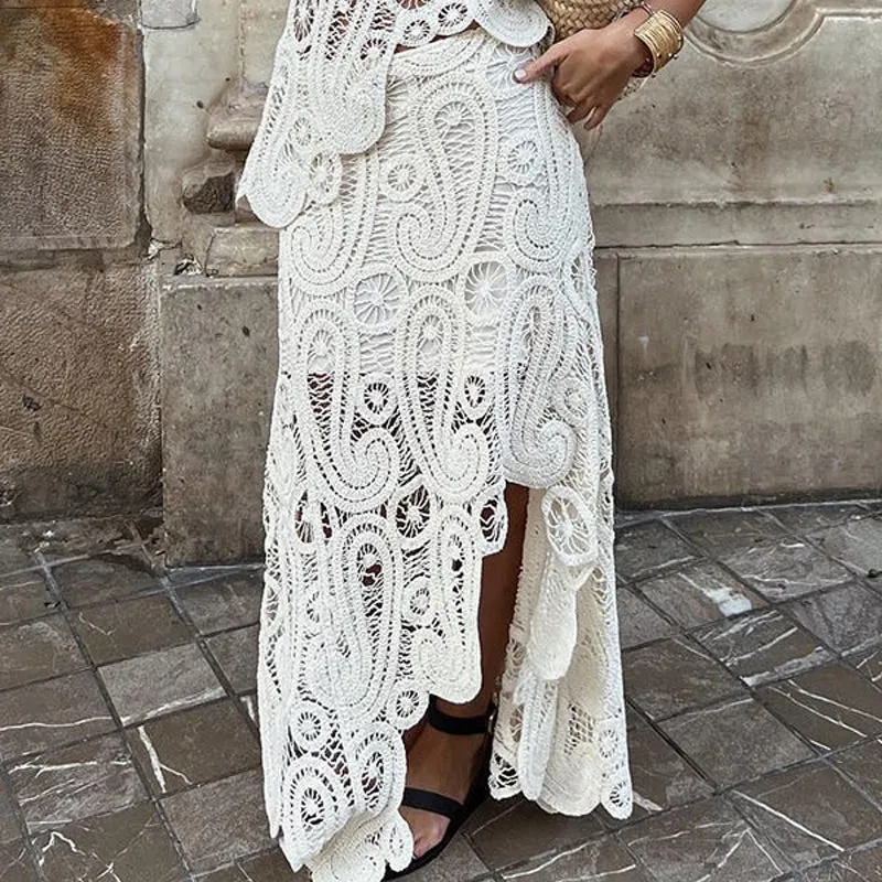 Summer Crochet Lace Elastic Irregular Hem Maxi Skirt